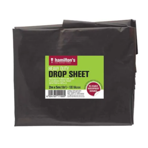 Folded black heavy-duty drop sheet with a green label: Hamilton's Heavy Duty Drop Sheet, 2m x 5m, 100 micron, reusable and waterproof.