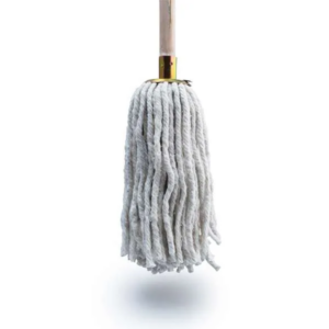 Grey mop head with cotton strands hanging from a wooden handle, isolated on a white background for cleaning use